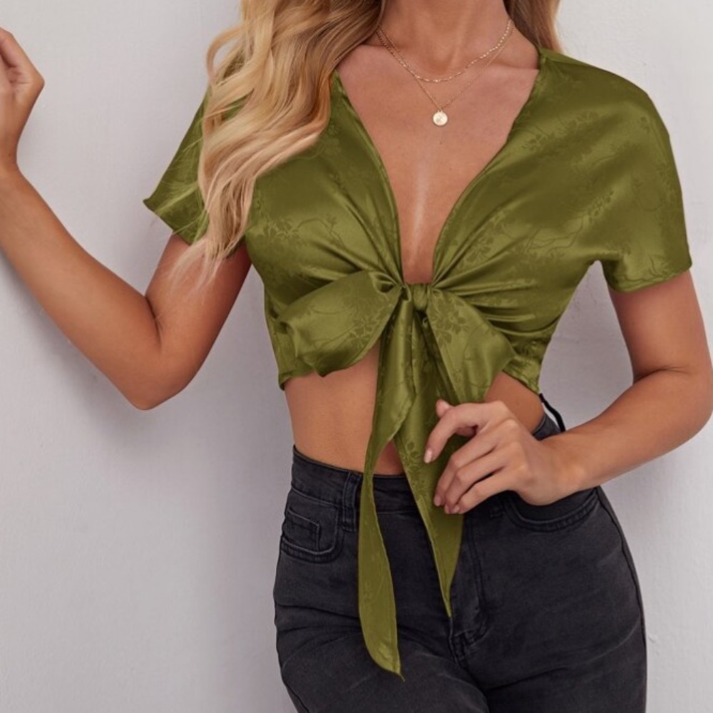 Green floral satin tie front top